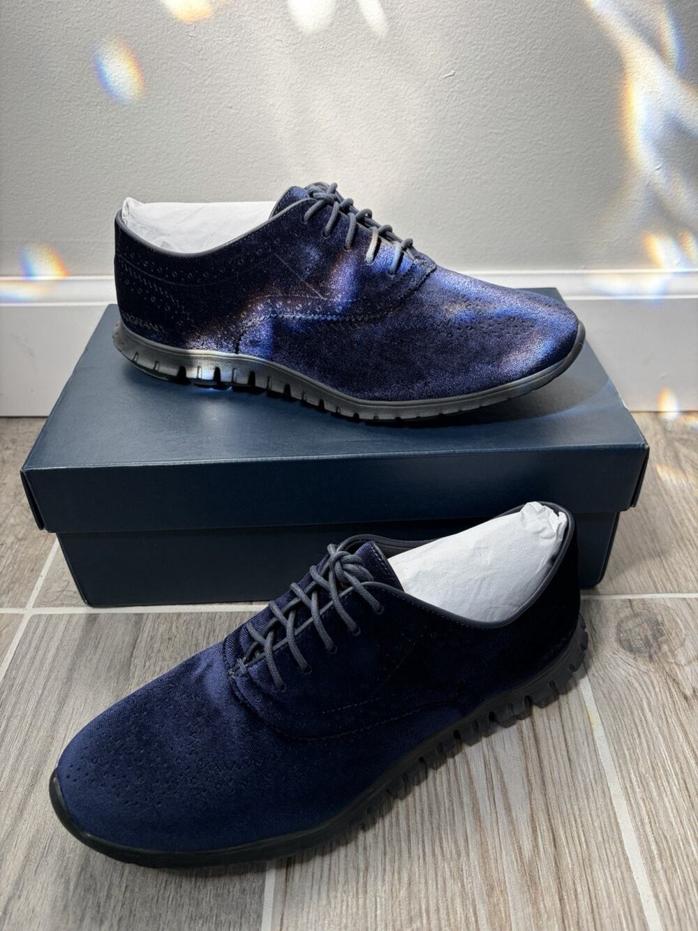 Cole Haan ZeroGrand Women's Blue Velvet Wingtip Oxford Casual Shoes Sz 7.5 Boss